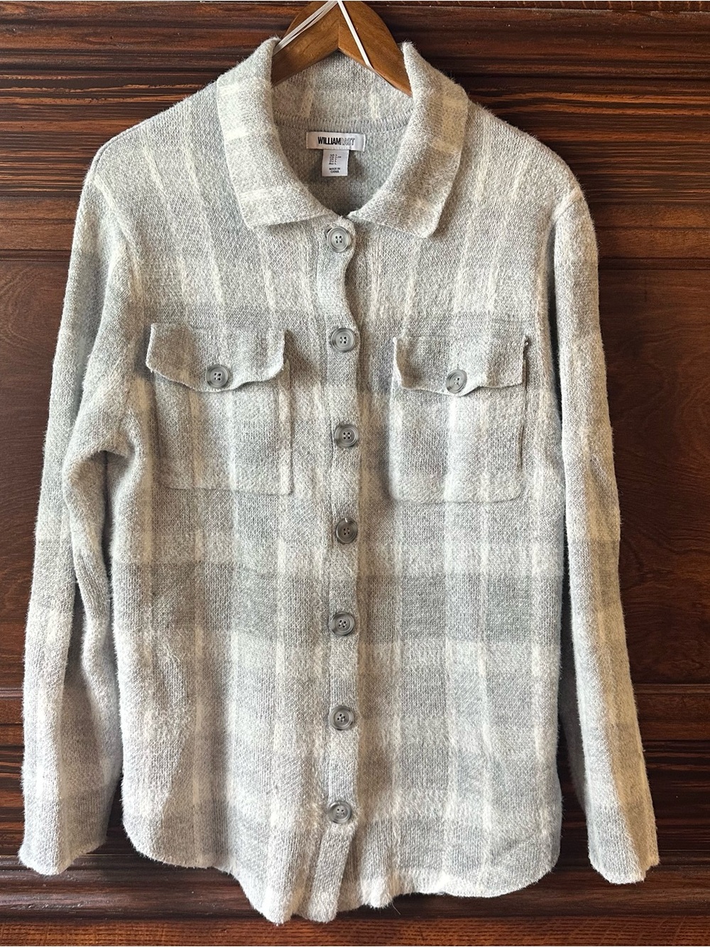 William Rast Gray & White Plaid Knit Shacket Button Down Shirt Jacket L Gingham